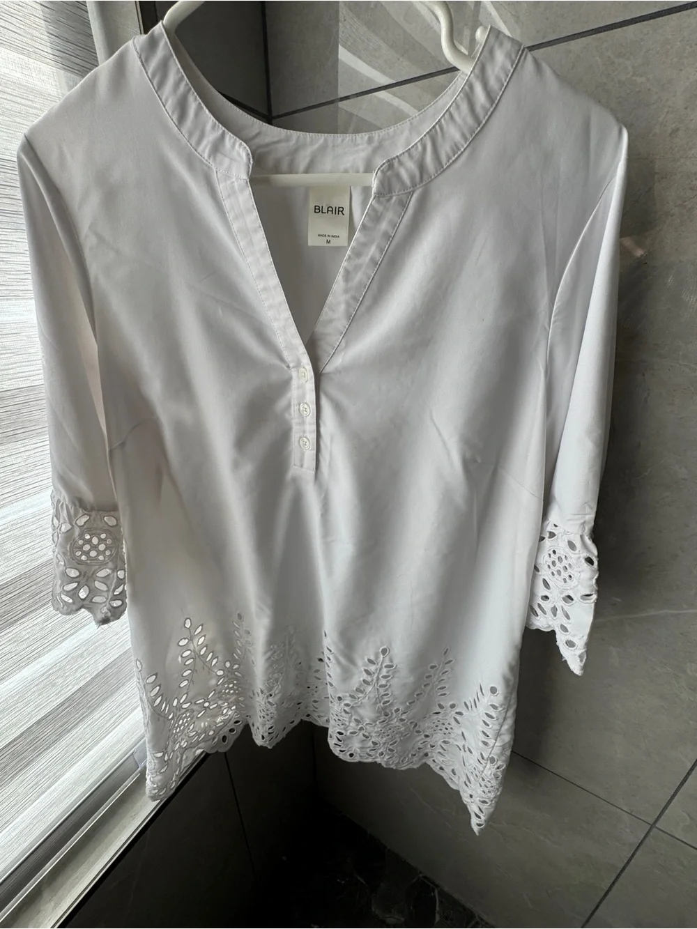Blair White Eyelet-Hem 3/4 Sleeve Tunic